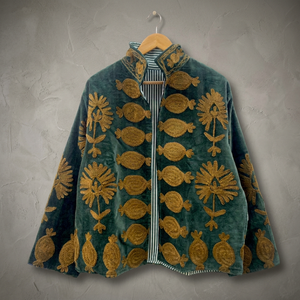 Chaqueta Bomber Reversible de Terciopelo Verde Oscuro, Hecha a Mano, de Lujo Premium, Unisex, Transpirable, de Algodón, Elegante, con Cuello Alto Mandarín Completo - Product Image 3