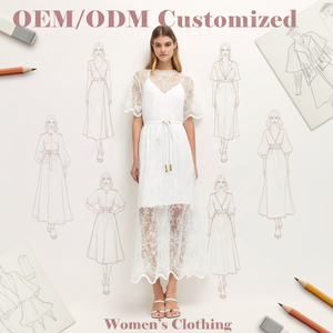 Vestido midi blanco de encaje con tirantes finos, cuello en V, cintura con lazo, bajo festoneado y corte acampanado, personalizado al por mayor para mujer - Product Image 1