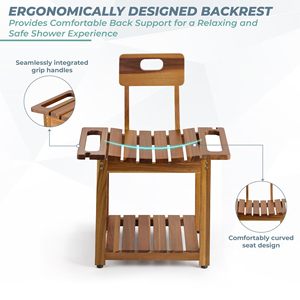 Chaise de douche en bois Shengyang avec dossier, 59,5x31,7x77,7 cm, tabouret de salle de bain à double rangement - Product Image 5
