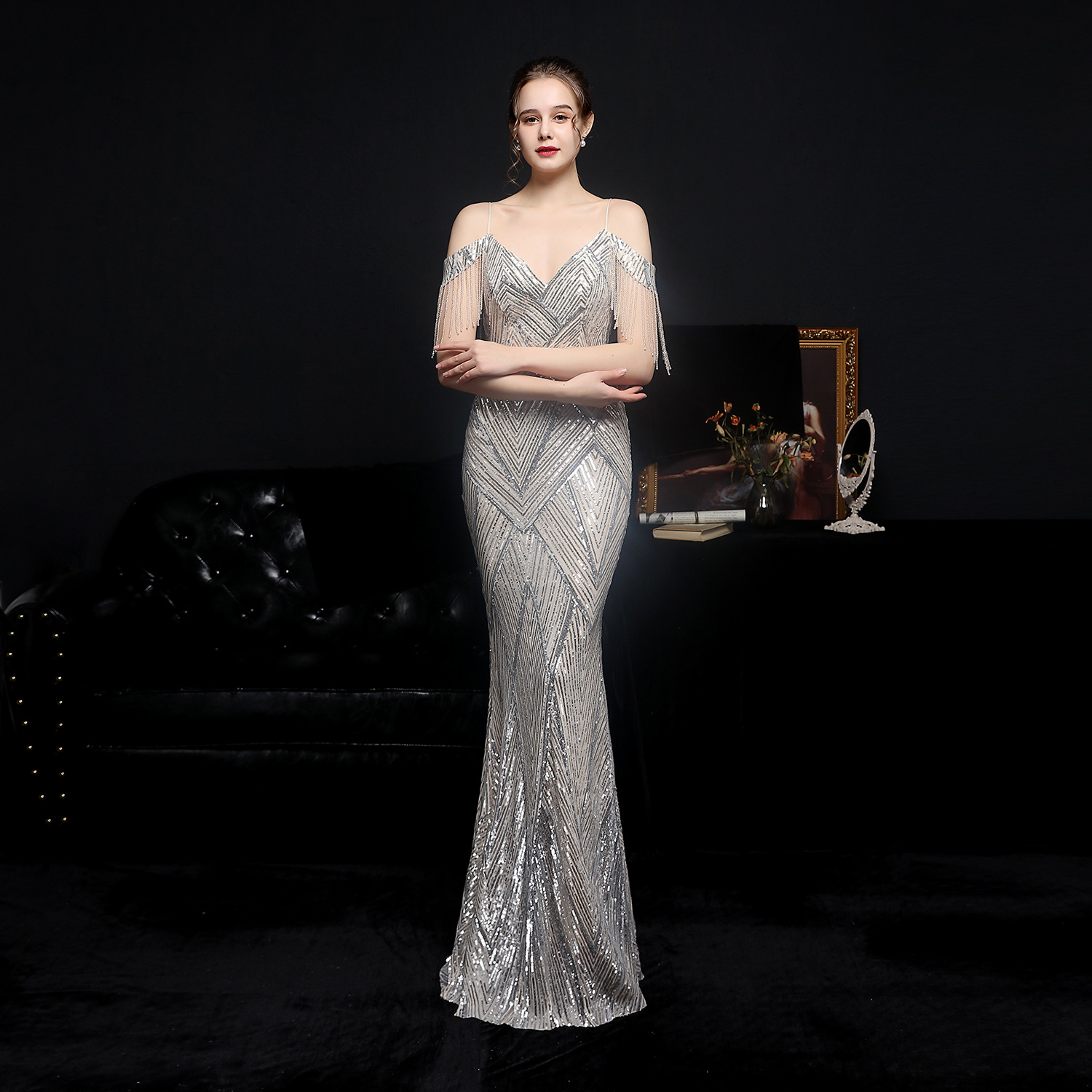 fishtail formal dress Sexy Plus Size Evening Dresses | Mermaid V neck with Lace Sleeves main image 1