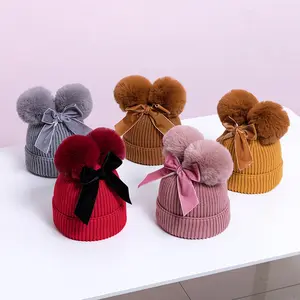 Wholesale New Design Keep Warm Knitted Cap Child Kids Wool Bowknot Baby Beanie Hat With Bow Double Pom Pom