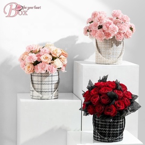 Custom OEM LOGO Cardboard paper Boxes Rose box woven Tweed fabric luxury Wedding bouquet bucket flower box