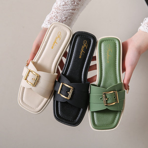New Fashion Women Girls Summer Flat Sandal Beach Shoes Slides Square Buckle Korean Outdoor Daily Casual Shopping Slipper