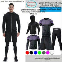 Ensemble de sport 5 pièces pour hommes : Veste à capuche, T-shirt de compression à manches courtes avec empiècements en mesh, Collants et Shorts respirants et anti-humidité