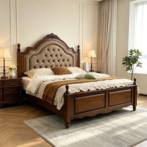 Traditional Queen Size Upholstered Wooden Bed with Faux Leather Headboard and Carved Legs - Product Image 1