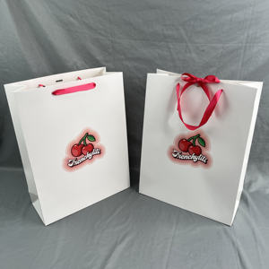Premium White Paper Tote Bags with <b>Red</b> <b>Ribbon</b> Handles - Custom Branded Printed Packaging for Retail & Gifting - Product Image 1