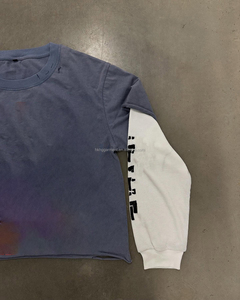 เสื้อยืดแขนยาวสองชั้นทรงโอเวอร์ไซส์สำหรับผู้ชาย ผ้าฝ้าย 100% แต่งขอบดิบ พิมพ์ลาย DTG สไตล์วินเทจฟอกสีแบบย้อนยุค - Product Image 4