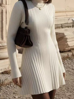 Robe longue à manches longues en tricot ajusté à la taille, style A, nouvelle collection pour femmes, col mi-haut, couleur unie, élégante, courte, automne-hiver
