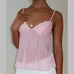 Canal mignon femmes plissé en mousseline de soie Camisole 2026 été Sexy <span class=keywords><strong>transparent</strong></span> Spaghetti sangle débardeur dentelle soutien-gorge col en V Cami hauts Streetwear - Product Image 3