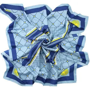 Spring Fall Fashion Polyester Custom Printing Ladies Women Scarves Bandanas Geometric Logo Square Blue Scarf Custom Print