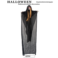Décoration d'ambiance terrifiante pour Halloween : Fantôme féminin vêtu de noir à commande vocale par induction électrique, idéal pour maison hantée et pièce secrète