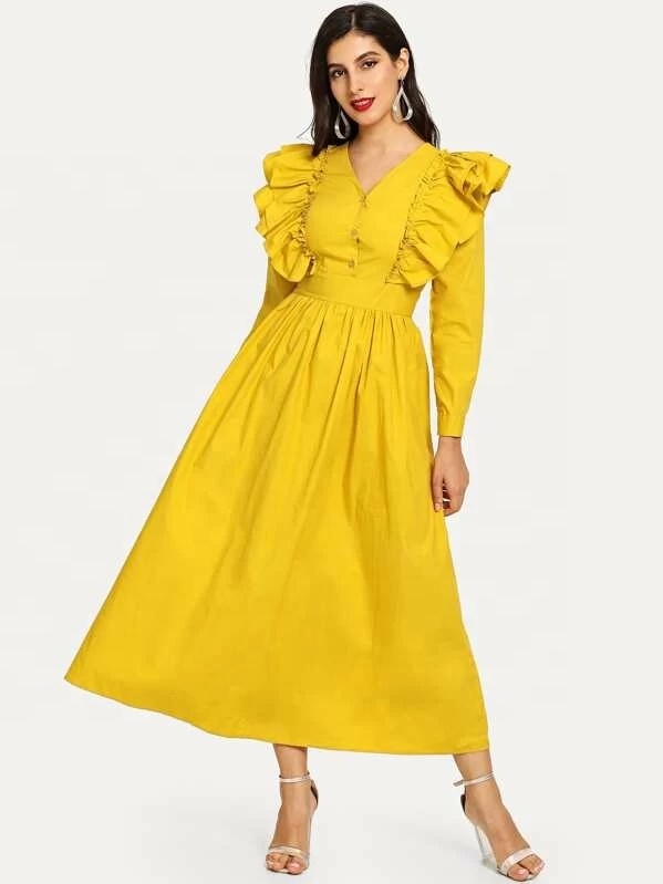 MANNI Custom Ruffle Maxi Dress Women Yellow Casual Elegant