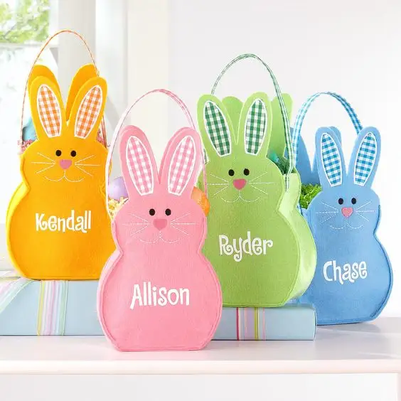 Paniers de Pâques personnalisés tissés sac à main de chasseur d'œufs colorés panier de Pâques pour enfants en feutre avec lapin