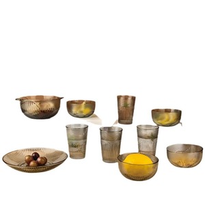 Juego de Platos de Vidrio Ecológicos con Rayas Verticales Modernas en Gris Nórdico, Juego de <span class=keywords><strong>Diez</strong></span> Piezas para Café y Té, Tazón para Fruta y Ensalada para el Hogar - Product Image 4