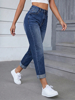 Jean mom taille haute pour femme, coupe droite, ourlet retroussé, délavage vintage, effet vieilli, bleu clair, noir, rétro 2026