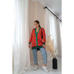 เสื้อคาร์ดิแกนถักลายสีส้มสำหรับผู้หญิง สไตล์ลำลอง คอวี แขนยาว สีตัดกัน - Product Image 1