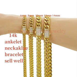 Cavigliera e <span class=keywords><strong>Collana</strong></span> a Catena Cubana 14k in Acciaio Inossidabile Dorato con Zirconi Iced Link Classico Monaco per Uomo e Donna - Product Image 2