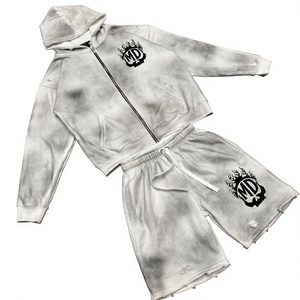 Custom Eco-Friendly 100% Cotton Summer Acid Wash Distressed Fleece Hoodie Shorts Set <b>Men</b> Streetwear Full Zip Tracksuit - Product Image 1