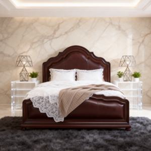 מיטת קינג סייז מרופדת עור ידידותית לסביבה בצבע חום כהה מעץ מלא מגולף בסגנון אמריקאי קלאסי מסורתי יוקרתי, דגם קוואנג'ינג M918 - Product Image 2