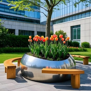 กระถางดอกไม้ไม้กรอบเหล็กพร้อมที่นั่งม้านั่งกลางแจ้งต้นไม้ขนาดใหญ่ - Product Image 4