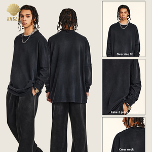 Cnshell 280gsm Top Unisex a manica lunga in cotone Unisex Vintage Acid Monkey Wash finti due pezzi Look <span class=keywords><strong>Hiphop</strong></span> cotone 100 - Product Image 3