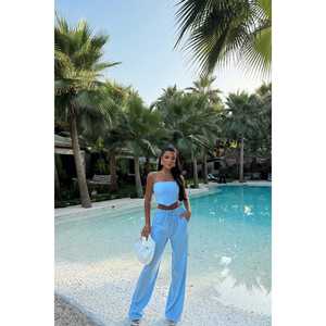 Conjunto de Lino BLUE HENRI - Dos Piezas Estilo Casual para Primavera, Verano y Otoño, Corte Ajustado, Top y Pantalón, Tejido Elástico Bordado, Talla 2XL, 2 Piezas - Product Image 3