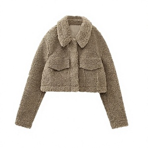 Veste en fausse fourrure Teddy marron pour femme, col rabattu, poche plaquée, manteau court d'hiver - Product Image 2
