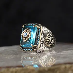 Turkish Signet Rings For Men Women Ancient Silver Color Carved Eagle Gemstone Inlay Punk Motor Biker Anxiety Ring Jewelry