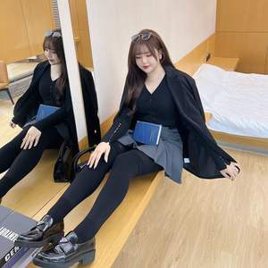 Leggings noirs pour femmes grandes tailles N8513, en nylon, effet deux pièces, design collage, taille haute, extensibles - Product Image 2