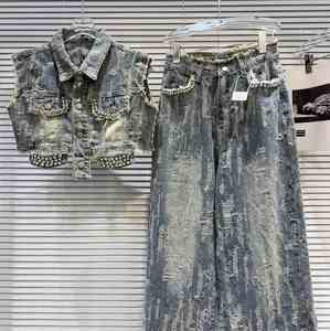 Fabricants de vêtements pour femmes, hauts <span class=keywords><strong>et</strong></span> pantalons streetwear, ensemble en <span class=keywords><strong>jean</strong></span> denim personnalisé, tenue pour femmes, strass déchirés, ensembles pour femmes - Product Image 5