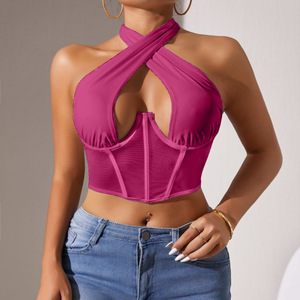 Mesh Hanging Neck Tie Wrap Sexy Fishbone Steel Ring Outside Wear Backless Women's <b>Top</b> Shirt Fashion - Product Image 4