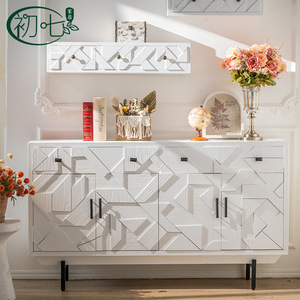 Chuqi French Style Entryway Cabinet White Geometric Design Sideboard Storage Living Room Cabinet 900mm High 5 Compartments - Product Image 1