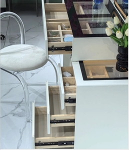 Modern White Wooden <b>Makeup</b> <b>Vanity</b> Dressing Table with Lighted Round <b>Mirror</b> Drawers Storage for Bedroom Hotel Apartment - Product Image 5