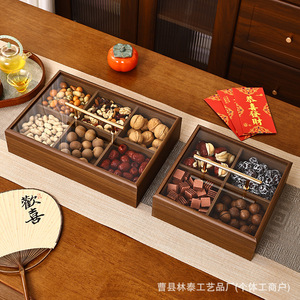 Caja rectangular de madera maciza para refrigerios con compartimentos y tapa de vidrio para almacenamiento en escritorio, organizador de frutas secas, nueces y dulces - Product Image 4