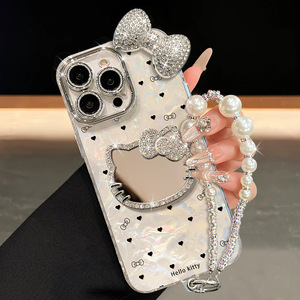 Coque de téléphone <span class=keywords><strong>Huawei</strong></span> en acrylique de luxe léger avec miroir chat, bracelet et nœud scintillant, vente en gros d'usine - Product Image 4