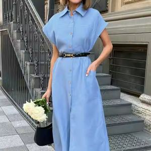 Robe d'été personnalisée à col rabattu et manches courtes en lin et coton pour femme, avec logo, à prix réduit, en promotion - Product Image 4