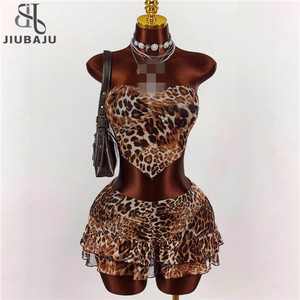 Leopard See Through 2-Piece Set Women Sexy Summer Strapless Tops and <strong>Skirt</strong> Matching Sexy Midnight Skinny <strong>Stretch</strong> Outfits - Product Image 1