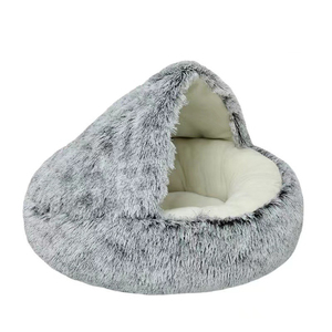 Großhandel Kunstfell Komfortables Waschbares Luxuriöses Flauschiges Plüsch-Hundebett mit Kapuze Rundes Haustierbett - Product Image 3