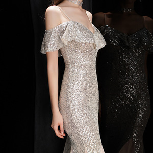 Robe de soirée argentée à bretelles pour femme, banquet, célébrités, longue, <span class=keywords><strong>sexy</strong></span>, sirène, amincissante, robe élégante - Product Image 3