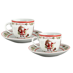 Juego de 2 tazas y platillos de porcelana de 200 ml, diseño de Papá Noel, 9x6 cm, blanco con decoración navideña - Product Image 1