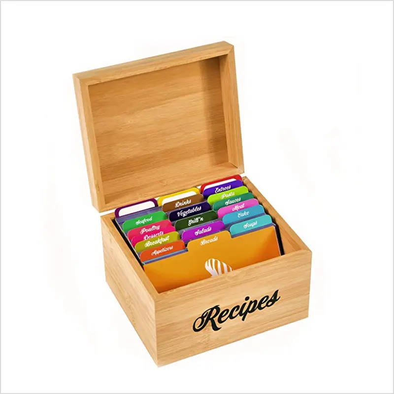 Kotak penyimpanan kayu bambu, hadiah kartu, kotak resep kayu