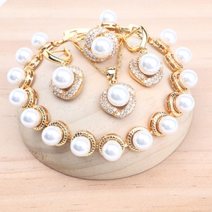 Pearls 925 <b>Silver</b> Jewelry <b>Sets</b> for Women 18K Gold Color Bridal Wedding CZ Earrings <b>Ring</b> Bracelet Pendant Necklace <b>Set</b> - Product Image 1