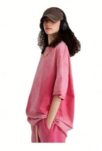 Women's Custom Streetwear T-Shirts Knitted 100% Cotton Washed Gradient Colors Breathable Soft Anti-Shrink - Product Image 5