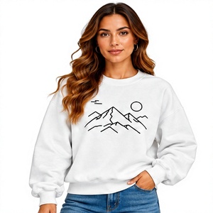Sudadera Blanca de Cuello Redondo para Mujer, Manga Larga, 100% Algodón, Tejido de Punto, Estampado de Montaña, Ropa Casual de Otoño - Product Image 1
