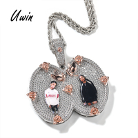UWIN Pendentif photo personnalisé entièrement serti de pierres, médaillon double photo bicolore avec décoration fleur rose et colombe de la paix, pour couple, nouveau collier Rema