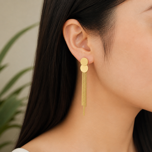 ต่างหูแบบห้อยพู่ทรงกลม สแตนเลสสตีล ชุบทอง 14K แบบสุญญากาศ ต่างหูแบบโซ่แบนยาว 75 มม. - Product Image 2
