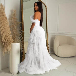 Women's Off Shoulder Party Club Wear Birthday Maxi Dress Elegant Sheer Mesh Feather Patchwork Fit <strong>Flare</strong> See Through Split Dress - Product Image 6