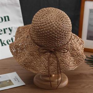 Bow Foldable Sun Hat Seaside Beach <b>Sunscreen</b> Large Brim Hat Handmade Crochet Straw Hat for Spring and Summer - Product Image 3