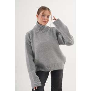 Pull en maille à col roulé gris pour femme, manches longues, décontracté, anti-boulochage, épais et chaud pour l'hiver - Product Image 5