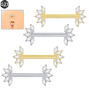 Piercings de mamelon filetés intérieurement en titane ASTM F136 Barbell de mamelon 14G avec 5 extrémités de ventilateur orientées vers l'avant Marquise CZ - Product Image 4
